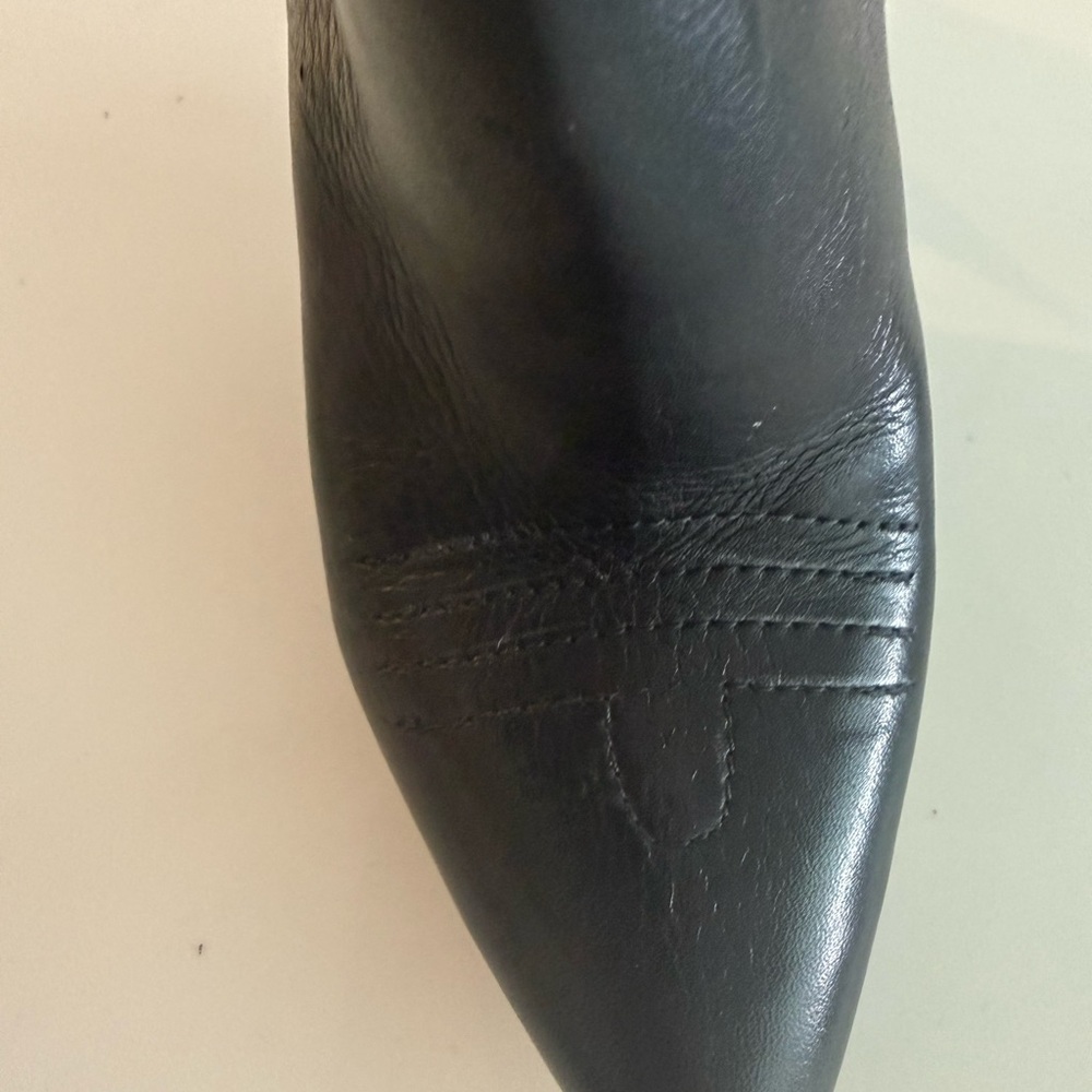 Italian Black Leather High Block Heel Knee Boots with Western Scalloped Top - Picture 4 of 5